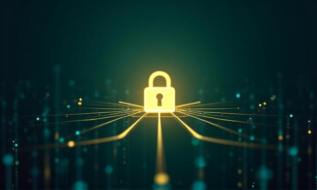 Digital lock icon over a secure data network, symbolizing data protection.