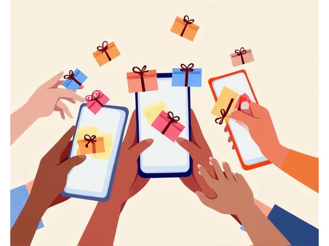 Illustration of hands holding digital gift cards on a smartphone
