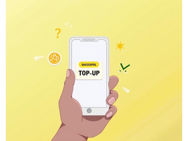 Illustration of a hand holding a smartphone with top-up success message