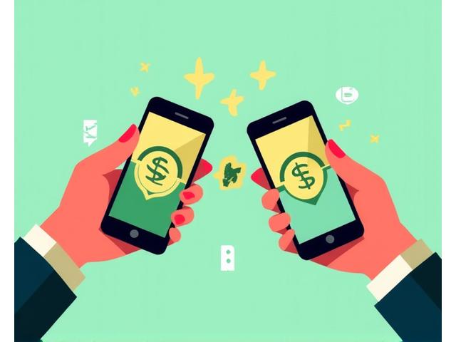 Illustration of two smartphones exchanging money via P2P transfer